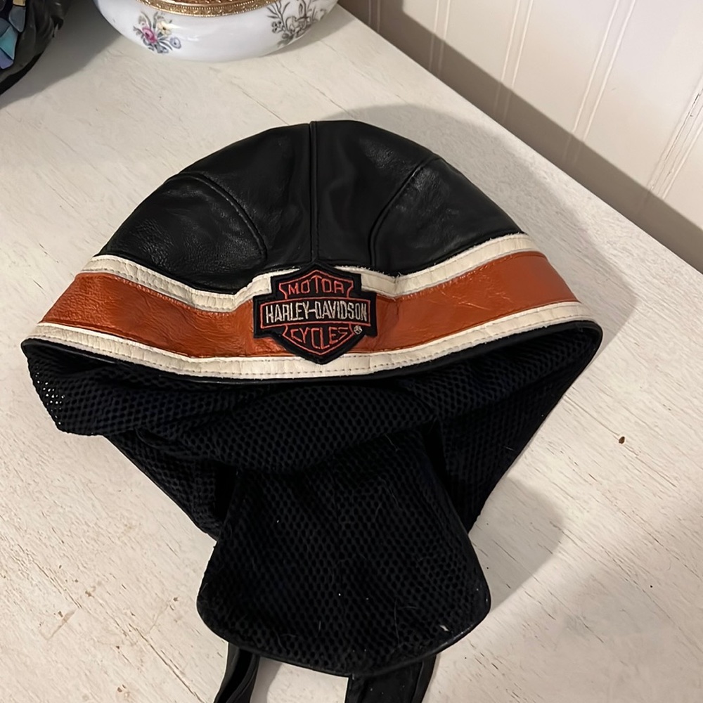 Harley Davidson Motorcycle black orange leather skull cap hat tie on